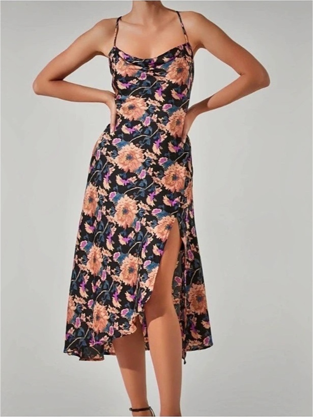 ASTR the Label Gaia Floral Midi Dress Black & Peach Size XS